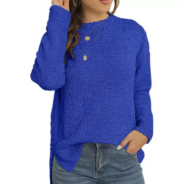 GRECERELLE Women's Fuzzy Knitted Sweater Crew-Neck Long Sleeve Side Split Loose Casual Knit Pullover Sweater Blouse