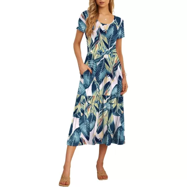 GRECERELLE Women's Summer Casual Crewneck Short Sleeve Aline Tiered Flowy Maxi Dress with Pockets