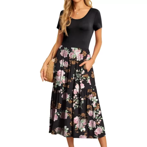 GRECERELLE Women's Summer Casual Crewneck Short Sleeve Aline Tiered Flowy Maxi Dress with Pockets