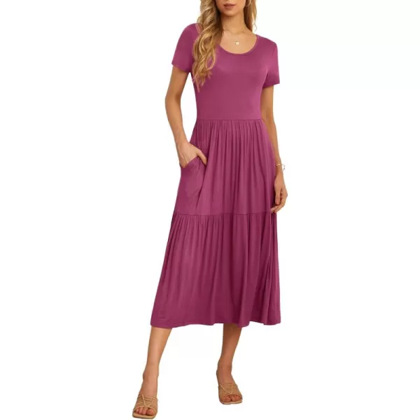 GRECERELLE Women's Summer Casual Crewneck Short Sleeve Aline Tiered Flowy Maxi Dress with Pockets