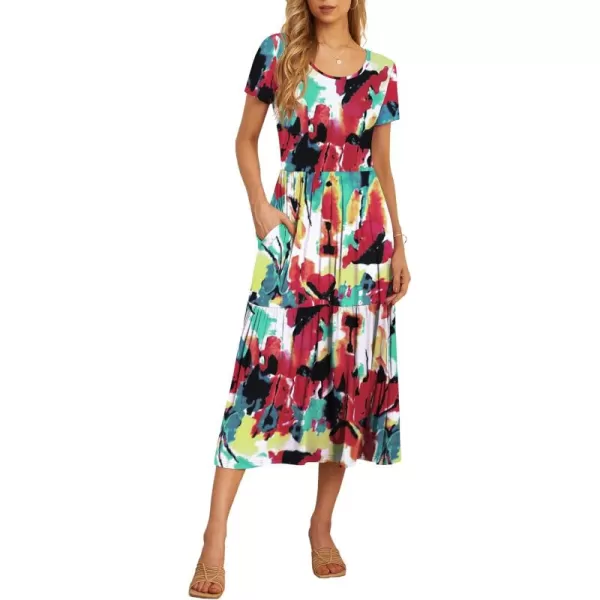 GRECERELLE Women's Summer Casual Crewneck Short Sleeve Aline Tiered Flowy Maxi Dress with Pockets