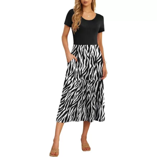 GRECERELLE Women's Summer Casual Crewneck Short Sleeve Aline Tiered Flowy Maxi Dress with Pockets