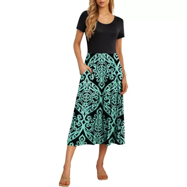 GRECERELLE Women's Summer Casual Crewneck Short Sleeve Aline Tiered Flowy Maxi Dress with Pockets