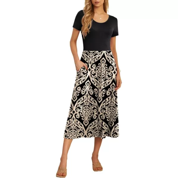 GRECERELLE Women's Summer Casual Crewneck Short Sleeve Aline Tiered Flowy Maxi Dress with Pockets