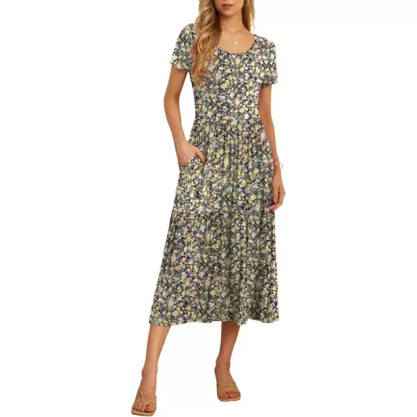 GRECERELLE Women's Summer Casual Crewneck Short Sleeve Aline Tiered Flowy Maxi Dress with Pockets