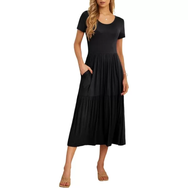 GRECERELLE Women's Summer Casual Crewneck Short Sleeve Aline Tiered Flowy Maxi Dress with Pockets