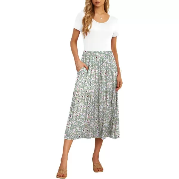 GRECERELLE Women's Summer Casual Crewneck Short Sleeve Aline Tiered Flowy Maxi Dress with Pockets