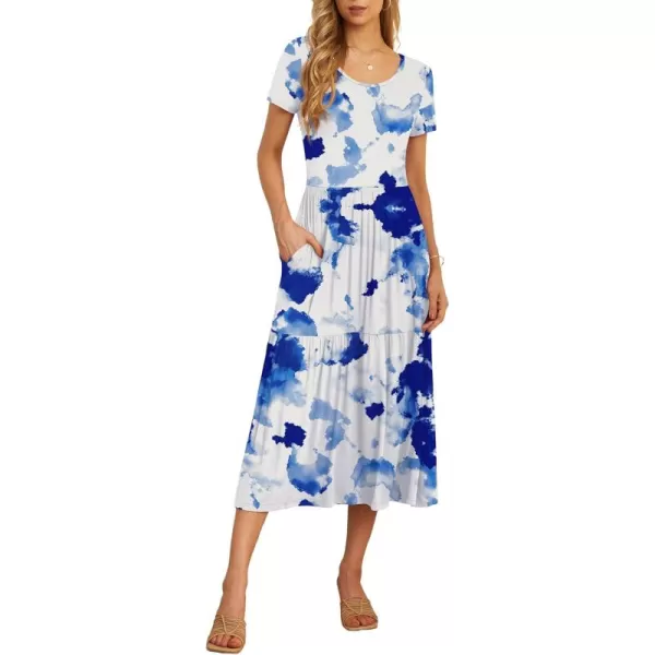 GRECERELLE Women's Summer Casual Crewneck Short Sleeve Aline Tiered Flowy Maxi Dress with Pockets