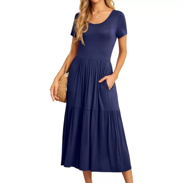GRECERELLE Women's Summer Casual Crewneck Short Sleeve Aline Tiered Flowy Maxi Dress with Pockets