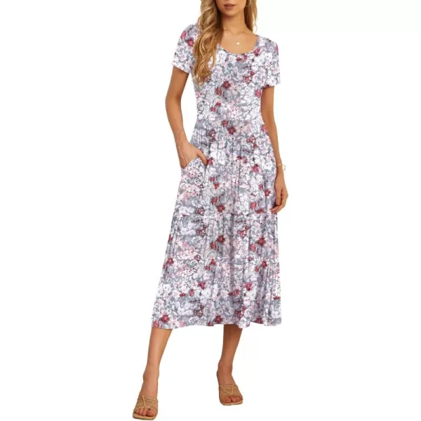 GRECERELLE Women's Summer Casual Crewneck Short Sleeve Aline Tiered Flowy Maxi Dress with Pockets