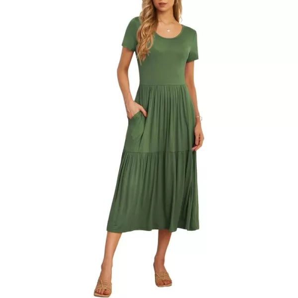 GRECERELLE Women's Summer Casual Crewneck Short Sleeve Aline Tiered Flowy Maxi Dress with Pockets