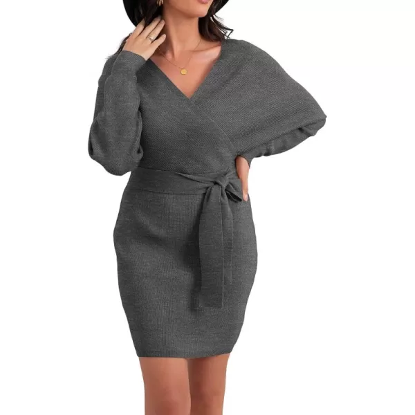 GRECERELLE Women's V Neck Batwing Long Sleeve Sexy Backless Wrap Bodycon Cocktail Pullover Sweater Mini Dress with Belt