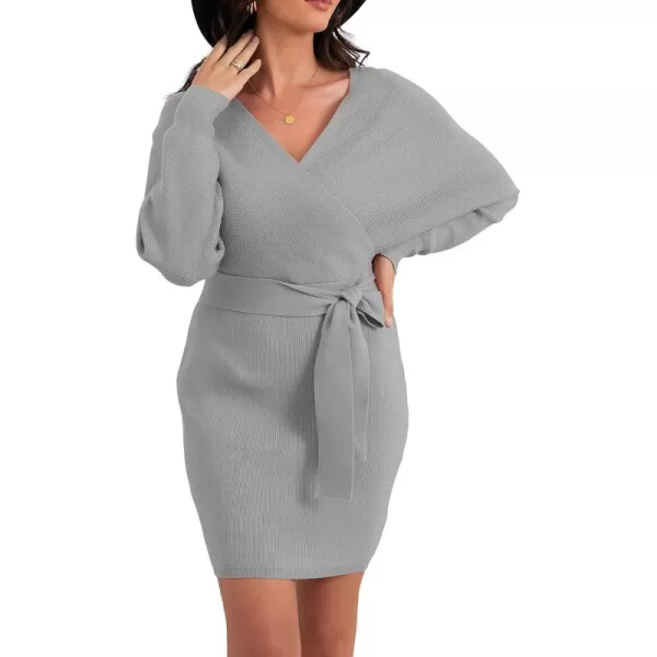 GRECERELLE Women's V Neck Batwing Long Sleeve Sexy Backless Wrap Bodycon Cocktail Pullover Sweater Mini Dress with Belt