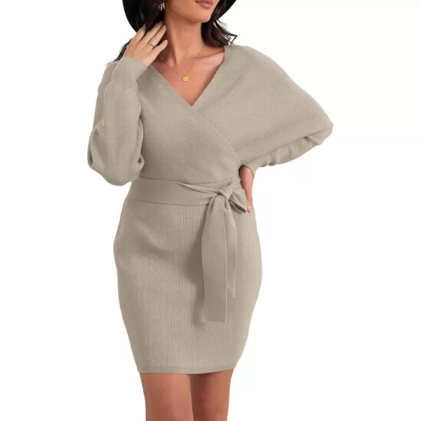 GRECERELLE Women's V Neck Batwing Long Sleeve Sexy Backless Wrap Bodycon Cocktail Pullover Sweater Mini Dress with Belt