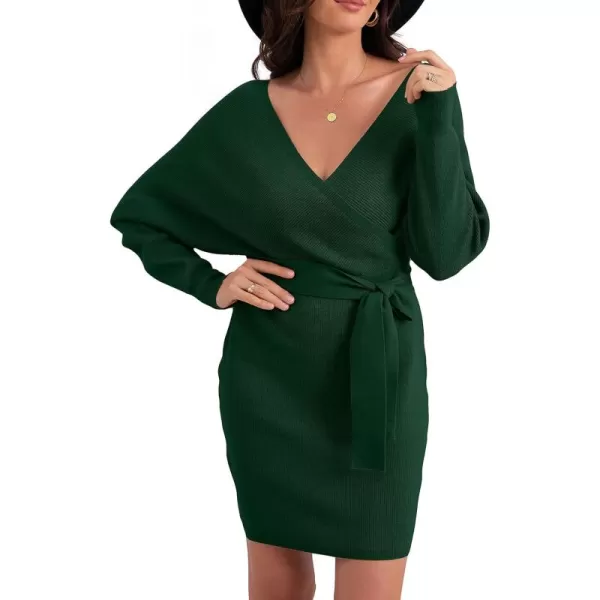GRECERELLE Women's V Neck Batwing Long Sleeve Sexy Backless Wrap Bodycon Cocktail Pullover Sweater Mini Dress with Belt