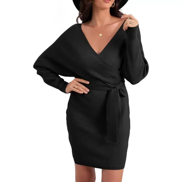GRECERELLE Women's V Neck Batwing Long Sleeve Sexy Backless Wrap Bodycon Cocktail Pullover Sweater Mini Dress with Belt