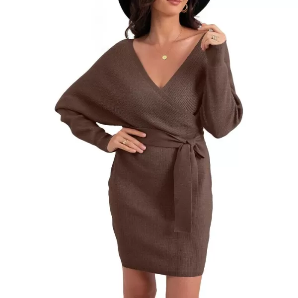 GRECERELLE Women's V Neck Batwing Long Sleeve Sexy Backless Wrap Bodycon Cocktail Pullover Sweater Mini Dress with Belt