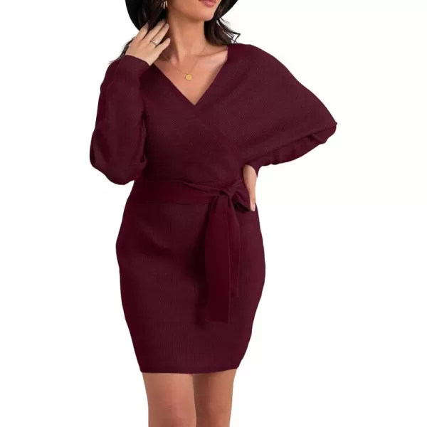 GRECERELLE Women's V Neck Batwing Long Sleeve Sexy Backless Wrap Bodycon Cocktail Pullover Sweater Mini Dress with Belt