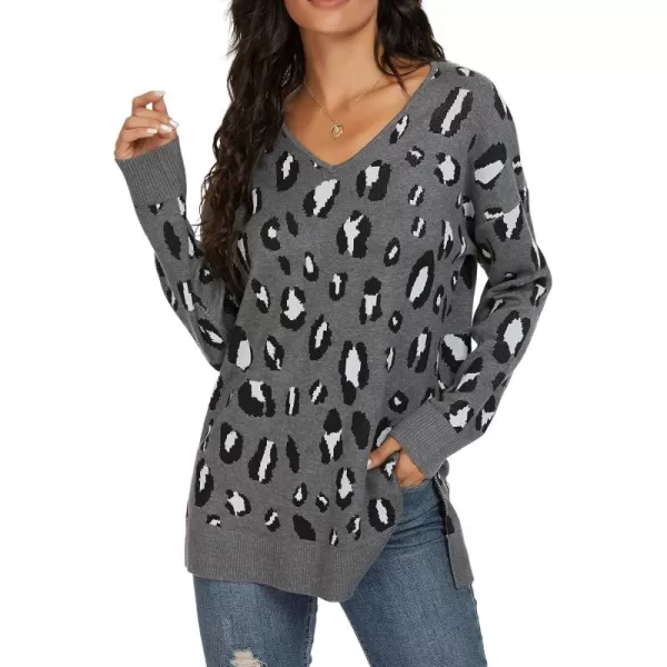 GRECERELLE Women's V-Neck Long Sleeve Side Split Loose Casual Knit Pullover Sweater Blouse