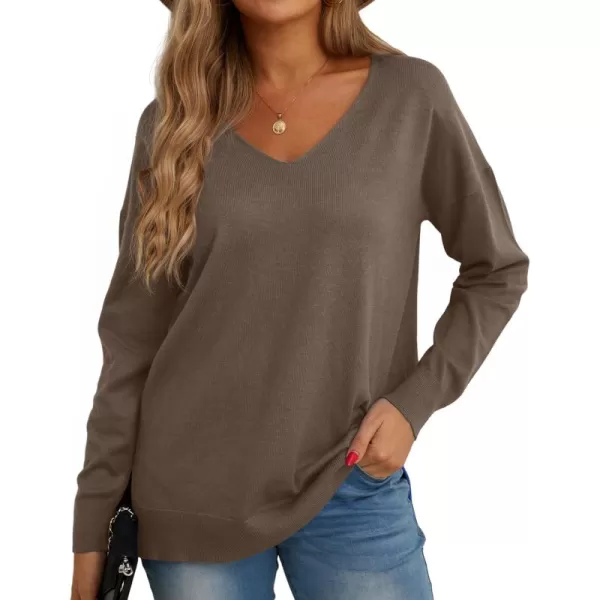 GRECERELLE Women's V-Neck Long Sleeve Side Split Loose Casual Knit Pullover Sweater Blouse