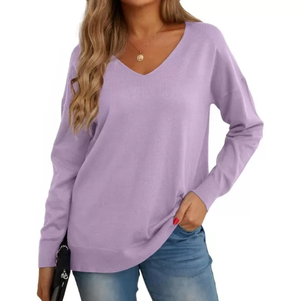 GRECERELLE Women's V-Neck Long Sleeve Side Split Loose Casual Knit Pullover Sweater Blouse