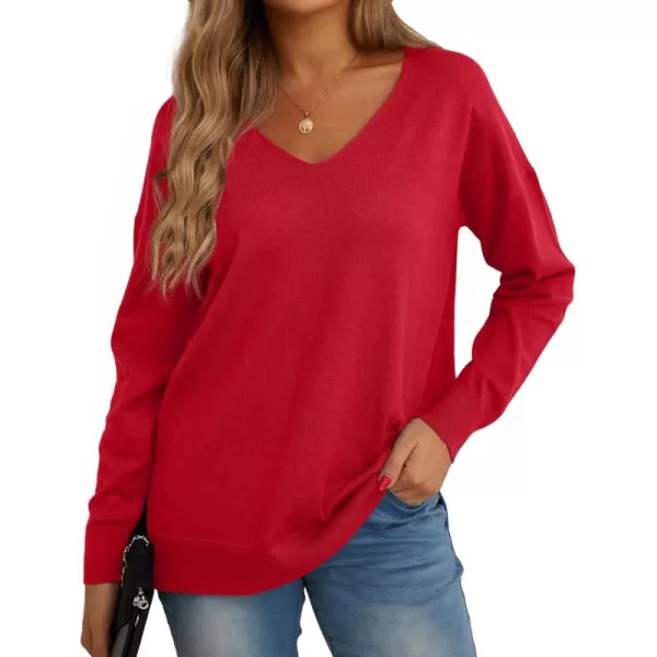 GRECERELLE Women's V-Neck Long Sleeve Side Split Loose Casual Knit Pullover Sweater Blouse