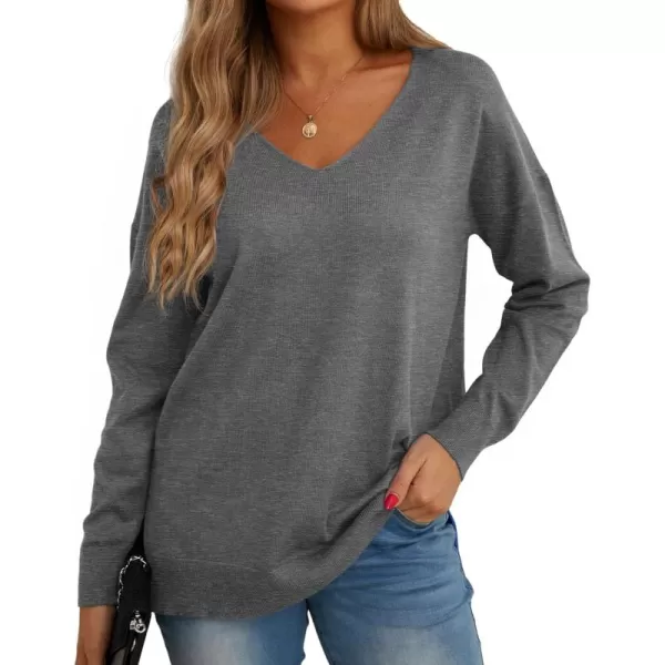 GRECERELLE Women's V-Neck Long Sleeve Side Split Loose Casual Knit Pullover Sweater Blouse