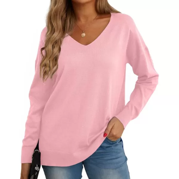 GRECERELLE Women's V-Neck Long Sleeve Side Split Loose Casual Knit Pullover Sweater Blouse