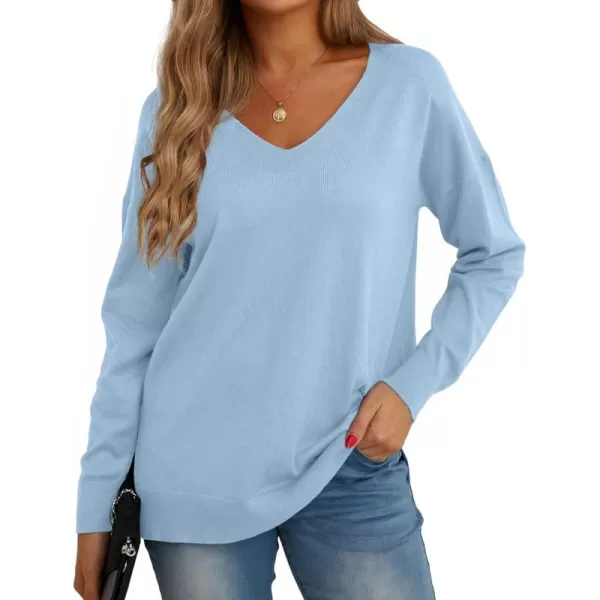 GRECERELLE Women's V-Neck Long Sleeve Side Split Loose Casual Knit Pullover Sweater Blouse