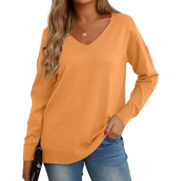 GRECERELLE Women's V-Neck Long Sleeve Side Split Loose Casual Knit Pullover Sweater Blouse