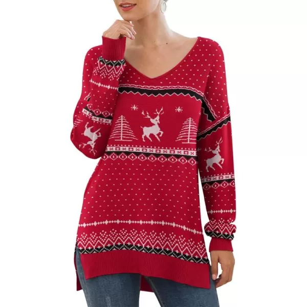 GRECERELLE Women's V-Neck Long Sleeve Side Split Loose Casual Knit Pullover Sweater Blouse