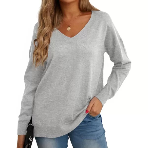 GRECERELLE Women's V-Neck Long Sleeve Side Split Loose Casual Knit Pullover Sweater Blouse