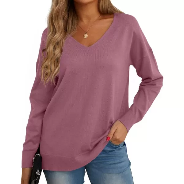 GRECERELLE Women's V-Neck Long Sleeve Side Split Loose Casual Knit Pullover Sweater Blouse