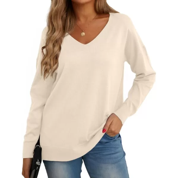 GRECERELLE Women's V-Neck Long Sleeve Side Split Loose Casual Knit Pullover Sweater Blouse