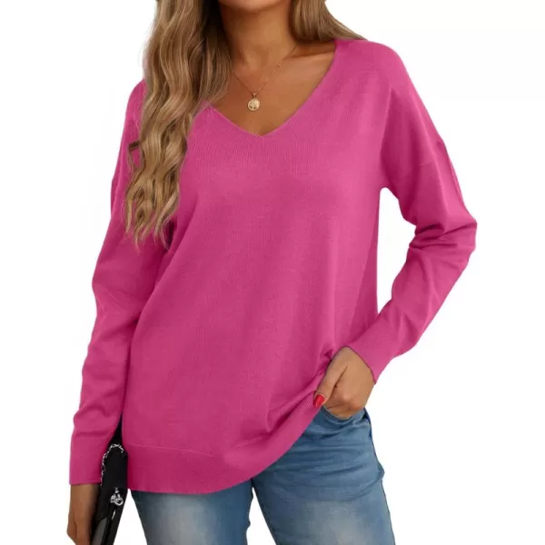 GRECERELLE Women's V-Neck Long Sleeve Side Split Loose Casual Knit Pullover Sweater Blouse