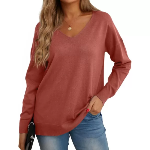 GRECERELLE Women's V-Neck Long Sleeve Side Split Loose Casual Knit Pullover Sweater Blouse