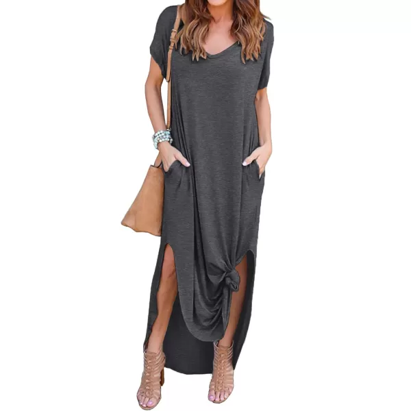GRECERELLE Women's Casual Loose Pocket Long Dress Short Sleeve Split Maxi Dresses