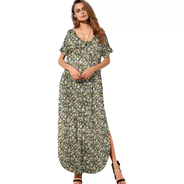 GRECERELLE Women's Casual Loose Pocket Long Dress Short Sleeve Split Maxi Dresses