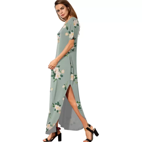 GRECERELLE Women's Casual Loose Pocket Long Dress Short Sleeve Split Maxi Dresses