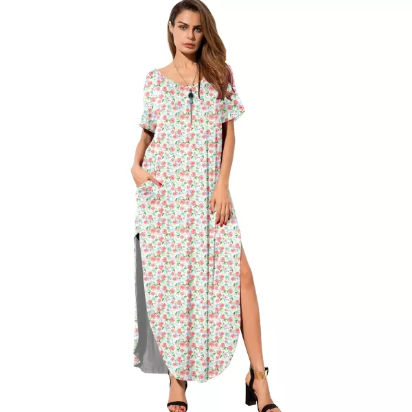 GRECERELLE Women's Casual Loose Pocket Long Dress Short Sleeve Split Maxi Dresses