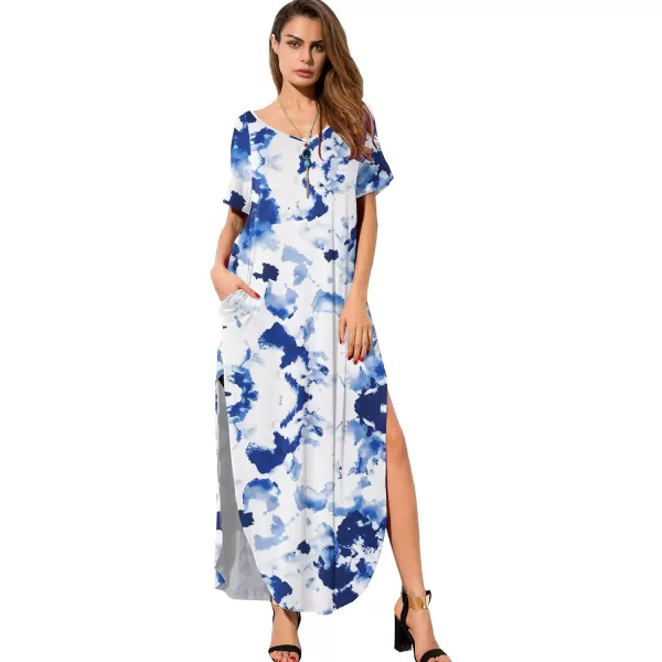 GRECERELLE Women's Casual Loose Pocket Long Dress Short Sleeve Split Maxi Dresses