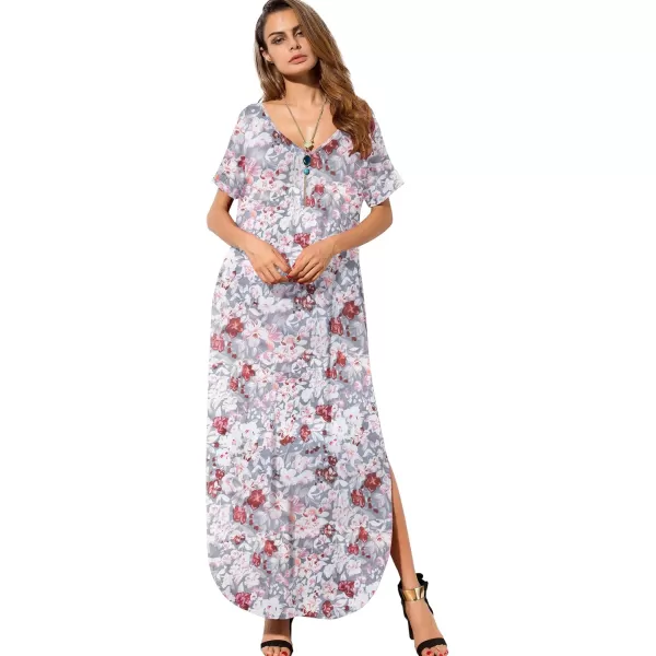 GRECERELLE Women's Casual Loose Pocket Long Dress Short Sleeve Split Maxi Dresses