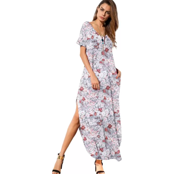 GRECERELLE Women's Casual Loose Pocket Long Dress Short Sleeve Split Maxi Dresses