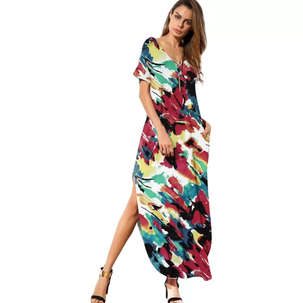 GRECERELLE Women's Casual Loose Pocket Long Dress Short Sleeve Split Maxi Dresses