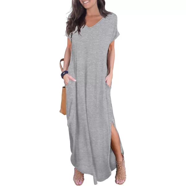 GRECERELLE Women's Casual Loose Pocket Long Dress Short Sleeve Split Maxi Dresses