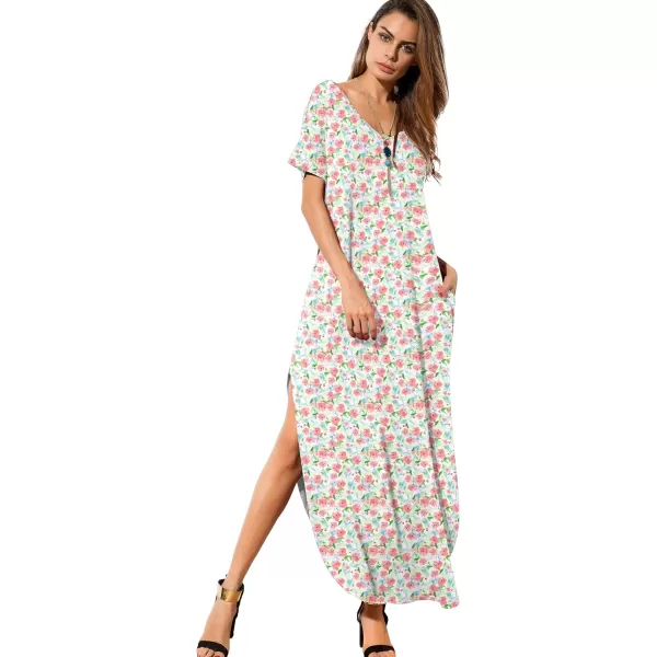 GRECERELLE Women's Casual Loose Pocket Long Dress Short Sleeve Split Maxi Dresses