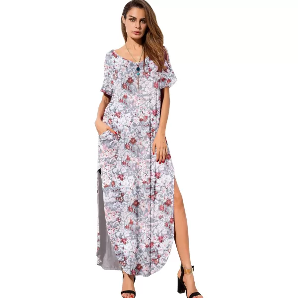 GRECERELLE Women's Casual Loose Pocket Long Dress Short Sleeve Split Maxi Dresses