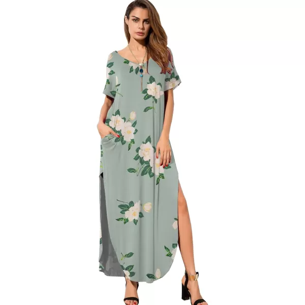 GRECERELLE Women's Casual Loose Pocket Long Dress Short Sleeve Split Maxi Dresses
