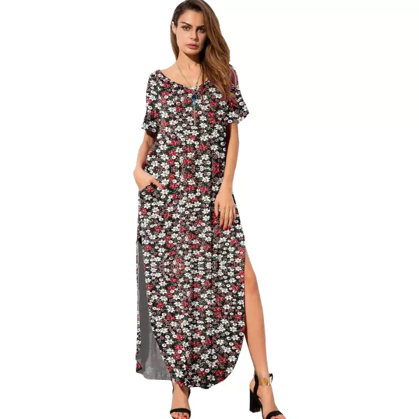 GRECERELLE Women's Casual Loose Pocket Long Dress Short Sleeve Split Maxi Dresses
