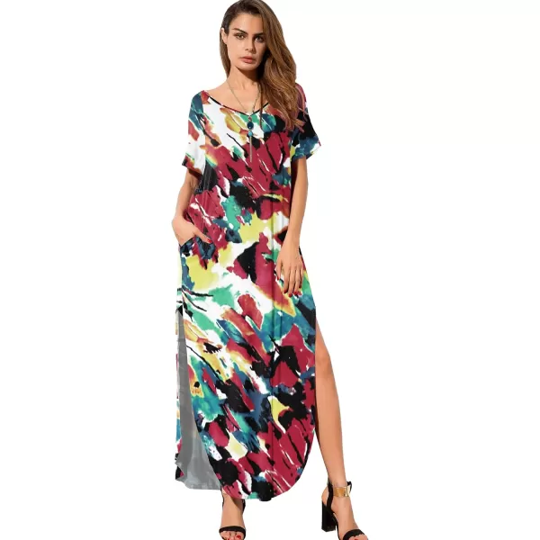 GRECERELLE Women's Casual Loose Pocket Long Dress Short Sleeve Split Maxi Dresses
